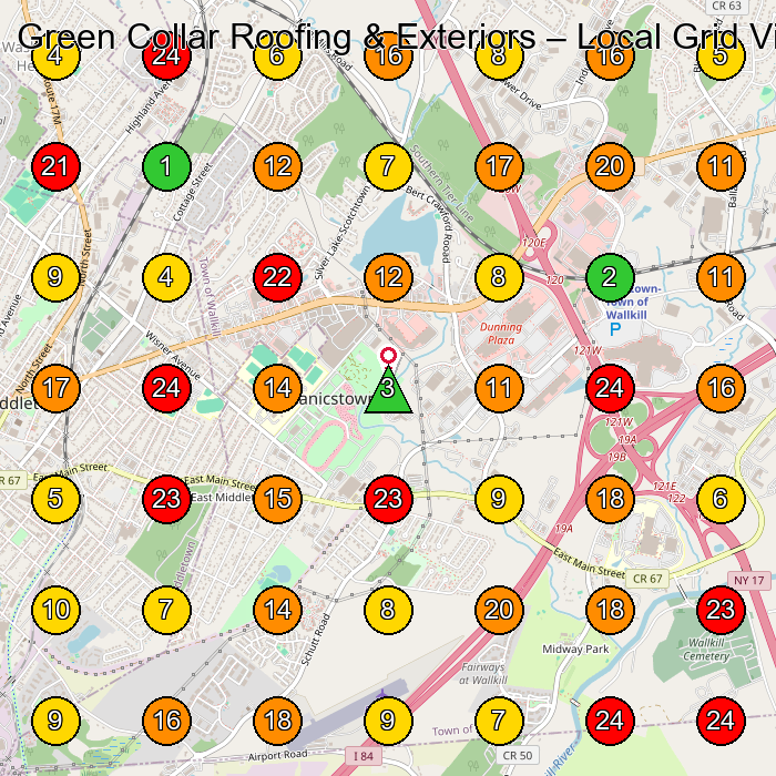 Green Collar Roofing & Exteriors Roofing Contractor GeoGrid ranking map for Middletown NY